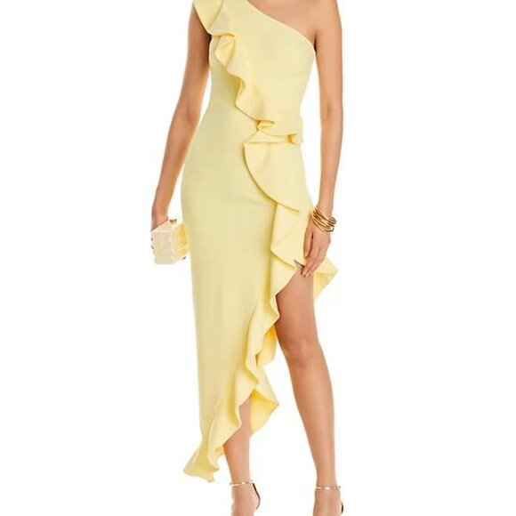 AQUA One-Shoulder Yellow Scuba Crepe Ruffle Maxi Dress NWT Size 2 - Picture 3 of 7